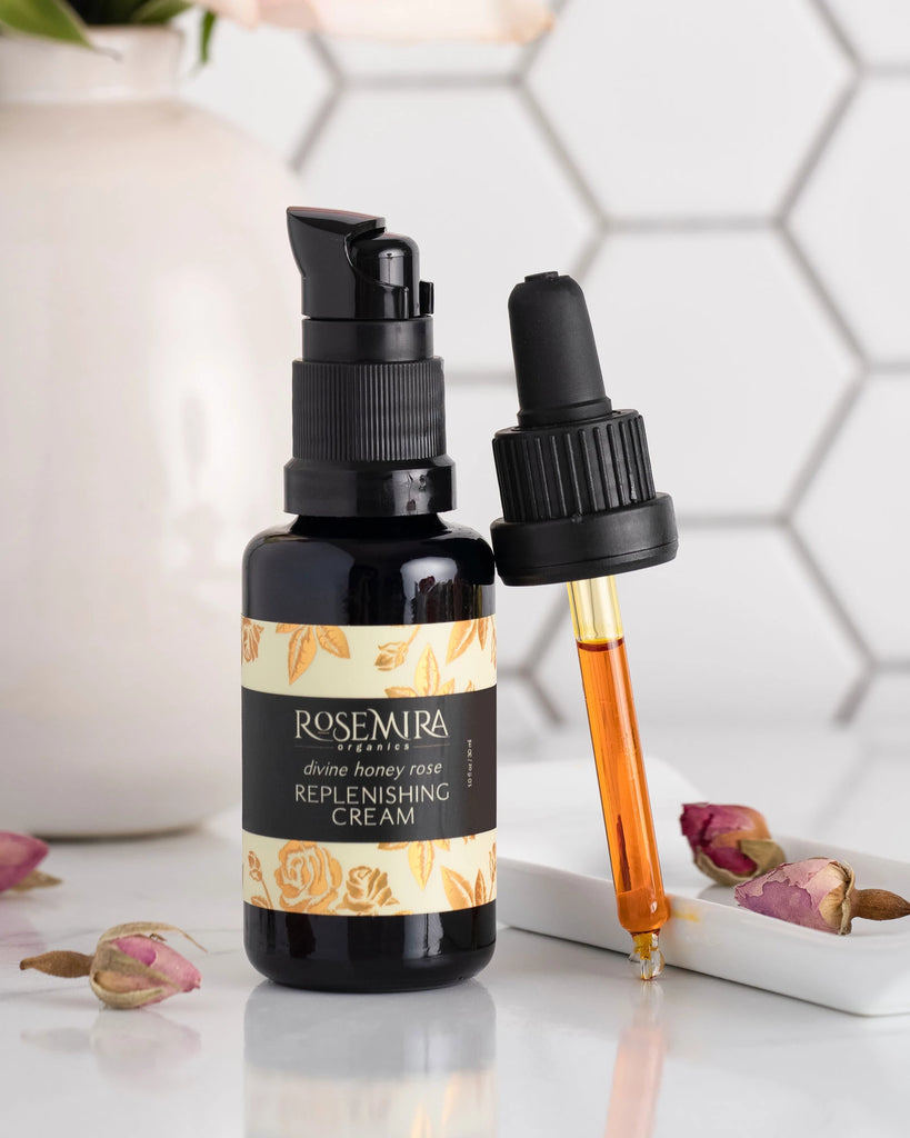 Divine Honey Rose Replenishing Cream and serum dropper with dried roses