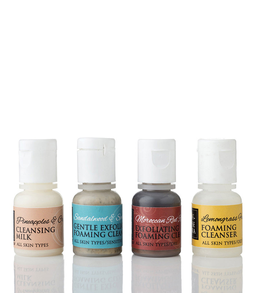 Four sample sizes of Rosemira Organics cleansers
