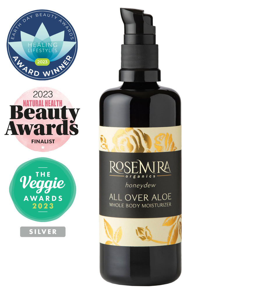 All Over Aloe Whole Body Moisturizer in Honeydew pump bottle with Earth Day Beauty Awards winner, Veggie Awards, and Natural Health Beauty Awards Finalist logos.