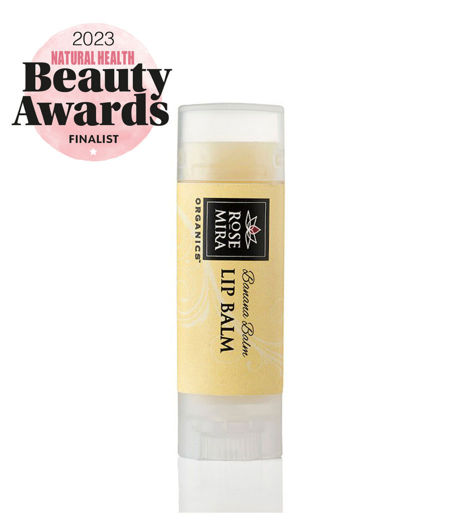 Banana Lip Balm with Natural Health Beauty Awards finalist logo.