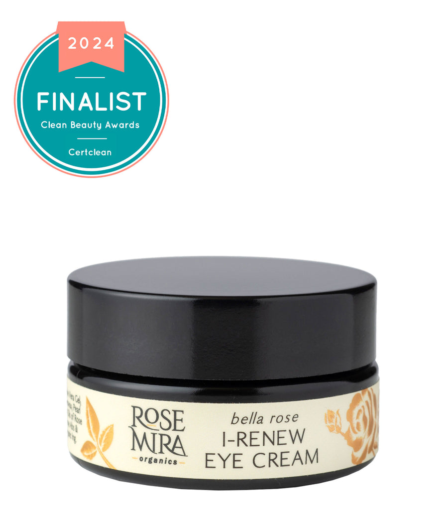Bella Rose I-Renew Eye Cream in black miron glass with cream and gold label with award winner graphic