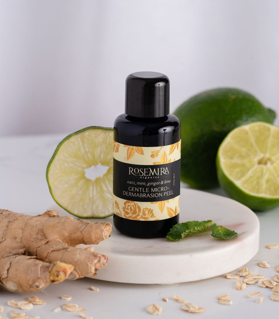 Gentle microdermabrasion peel with ginger, oats, mint, and lime on white tray.