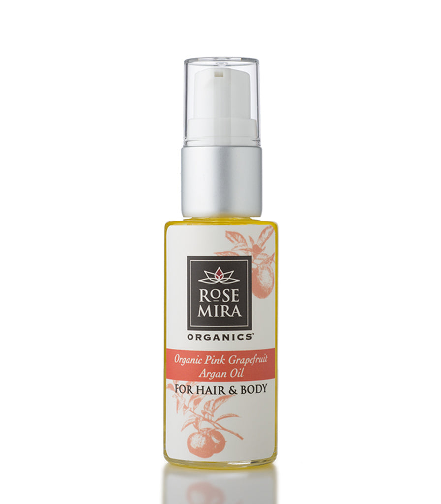 Organic Pink Grapefruit Argan Oil for Hair and Body in a clear bottle