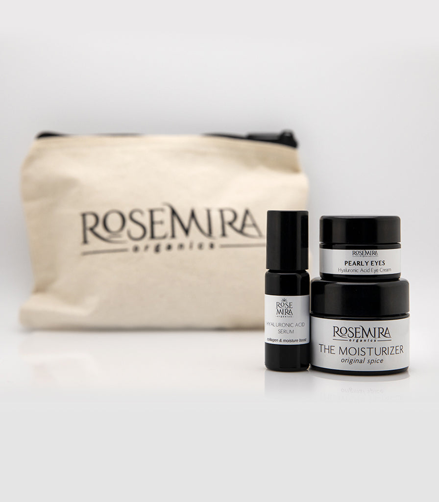 Hydration Collection Limited Edition with Pearly Eyes, The Moisturizer, and Hyaluronic Acid Serum in a Rosemira bag.