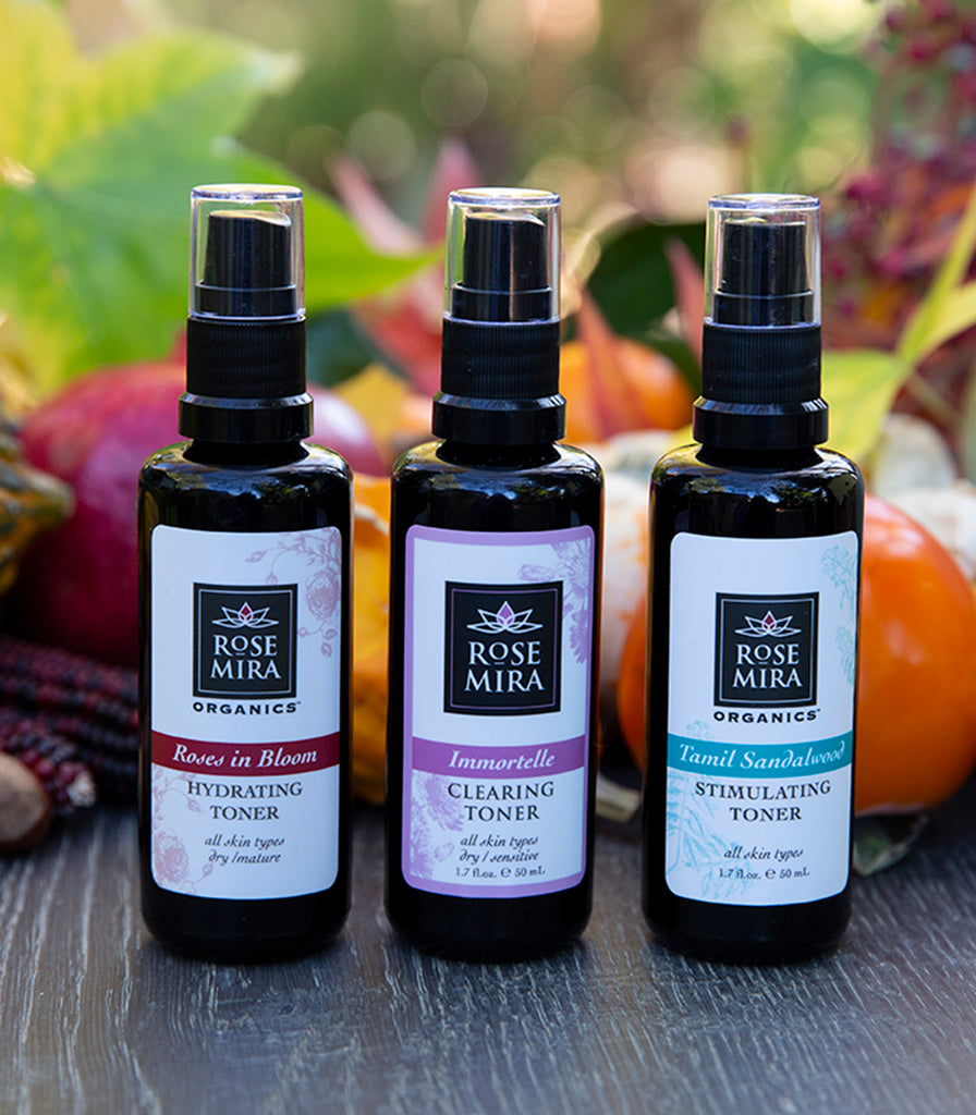 Three popular Rosemira toners for all skin types with harvest props.