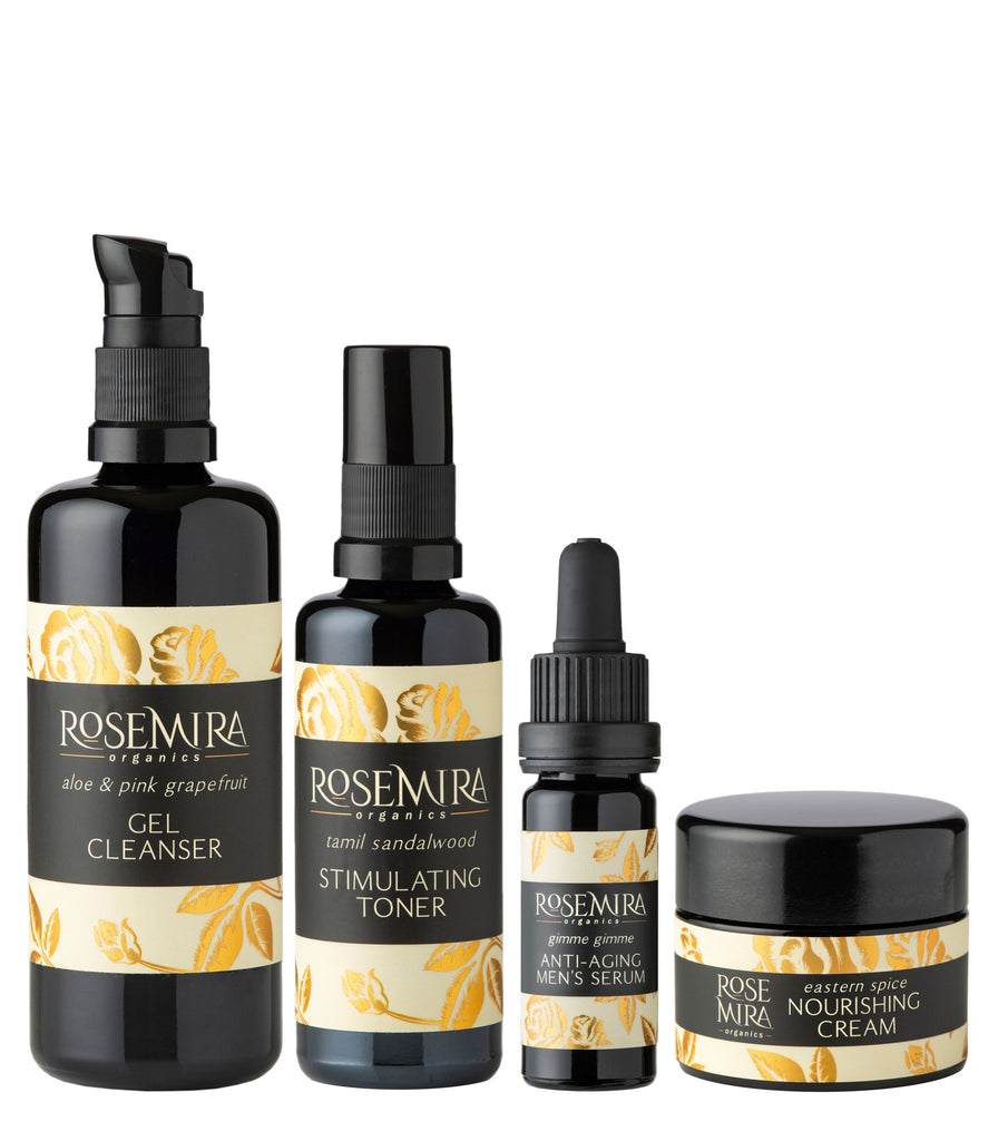 A cleanser, toner, serum, and moisturizing cream with spice as a kit.