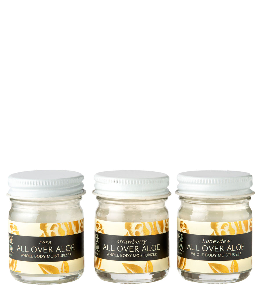 Collection of three clear jars of All Over Aloe Whole Body Moisturizer in rose, strawberry, and honeydew.