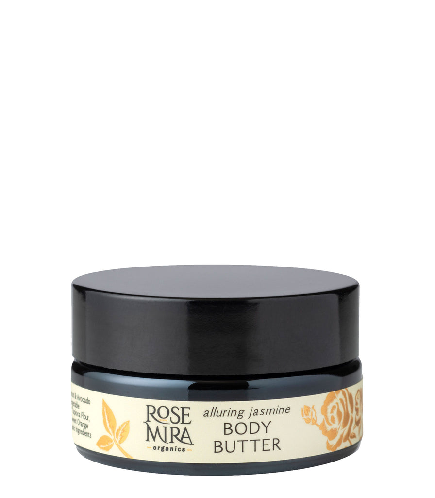 A smaller container of Alluring Jasmine Body Butter in black miron glass