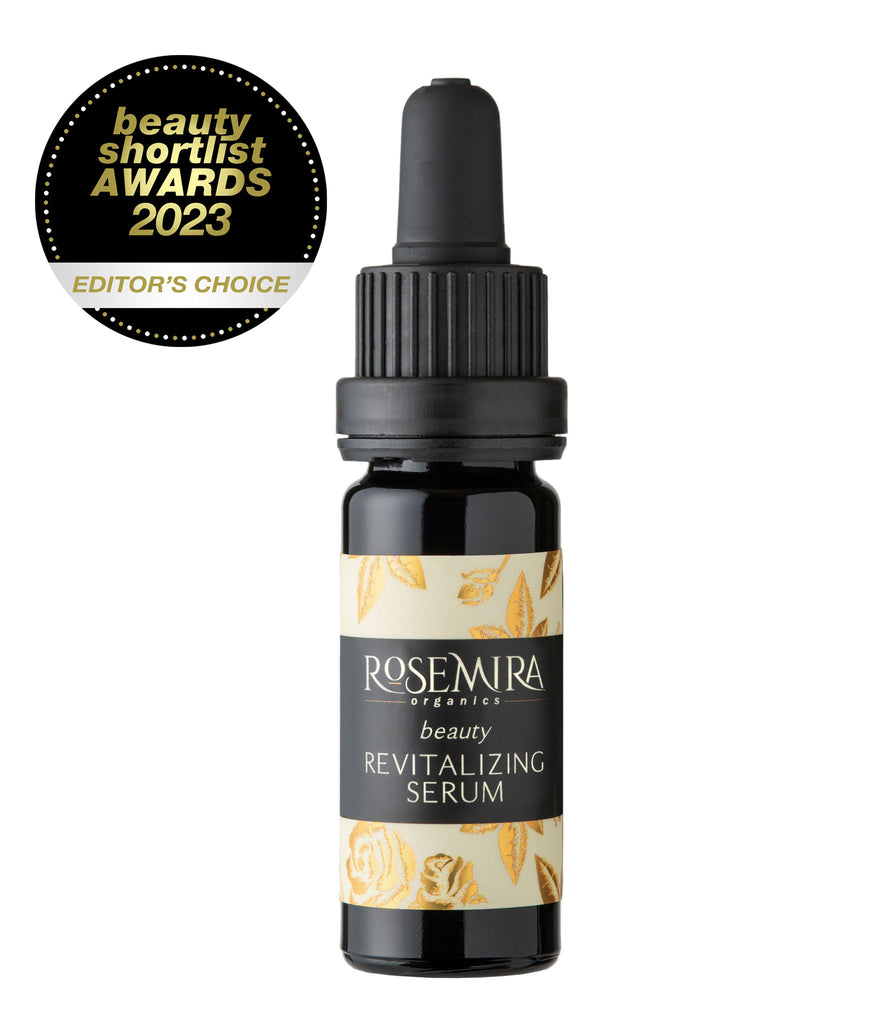 Beauty Revitalizing Serum in black bottle on white with Beauty Shortlist Awards 2023 Editor's Choice badge