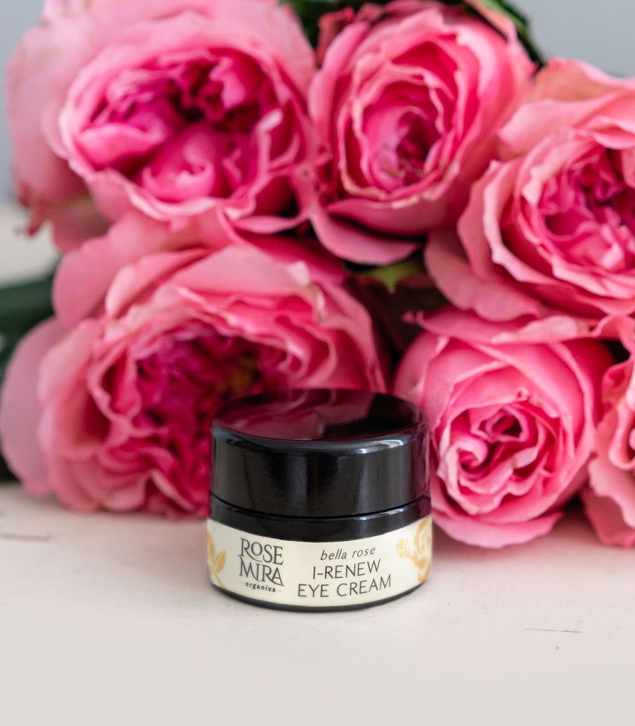 A bouquet of pink roses with the Bella Rose I-Renew Eye Cream