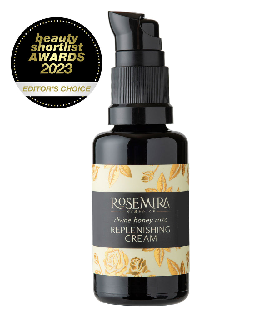 Divine Honey Rose Replenishing Cream in miron glass on white with Beauty Shortlist Awards 2023 Editor's Choice badge
