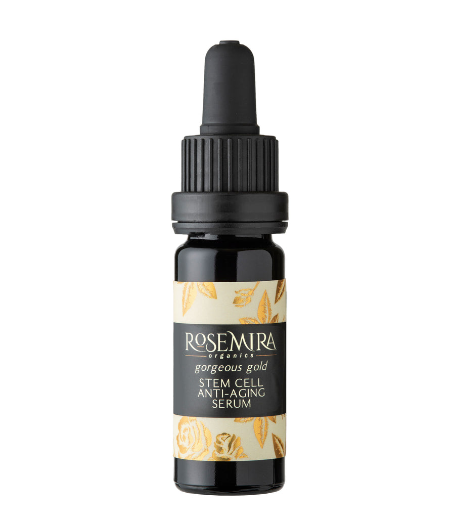 Gorgeous Gold Stem Cell Anti-Aging Serum in black bottle on white