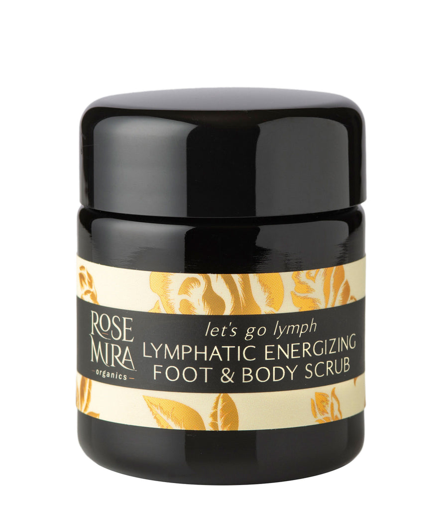 Let's Go Lymph Lymphatic Energizing Foot and Body Scrub in violet miron glass with gold label on white