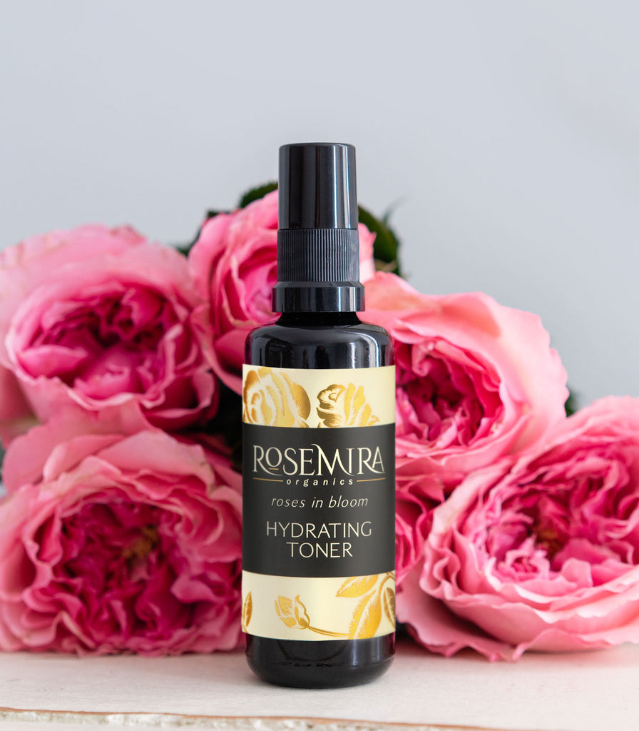Roses in Bloom Hydrating Toner with a bouquet of pink roses