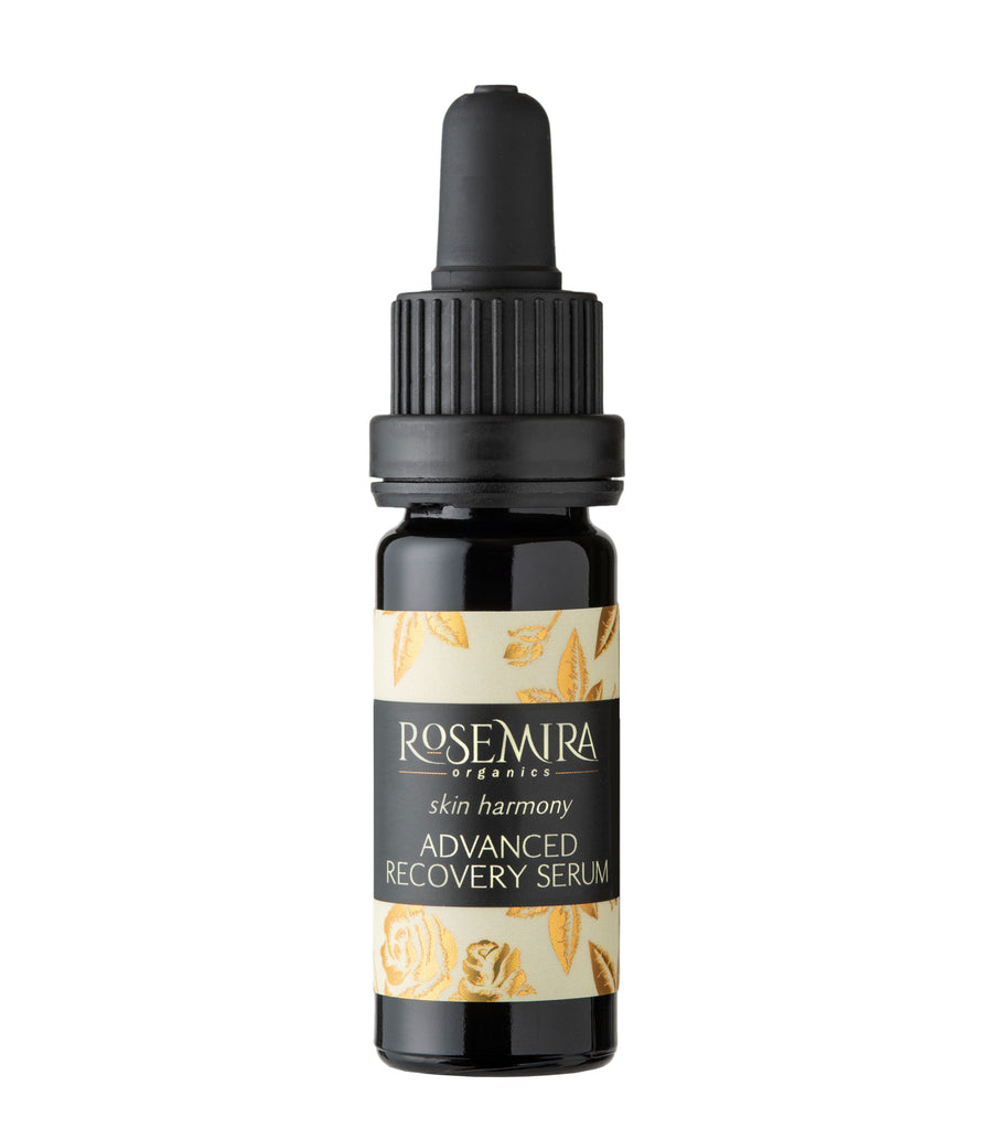 Skin Harmony Advanced Recovery Serum in black bottle on white