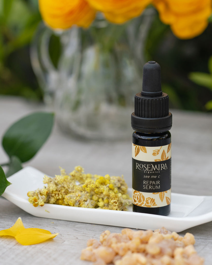 See Me C Repair Serum with dried yellow flowers