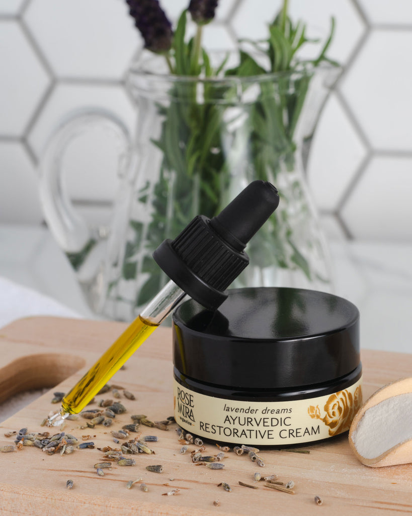 Lavender Dreams Ayurvedic Restorative Cream with serum dropper and lavender