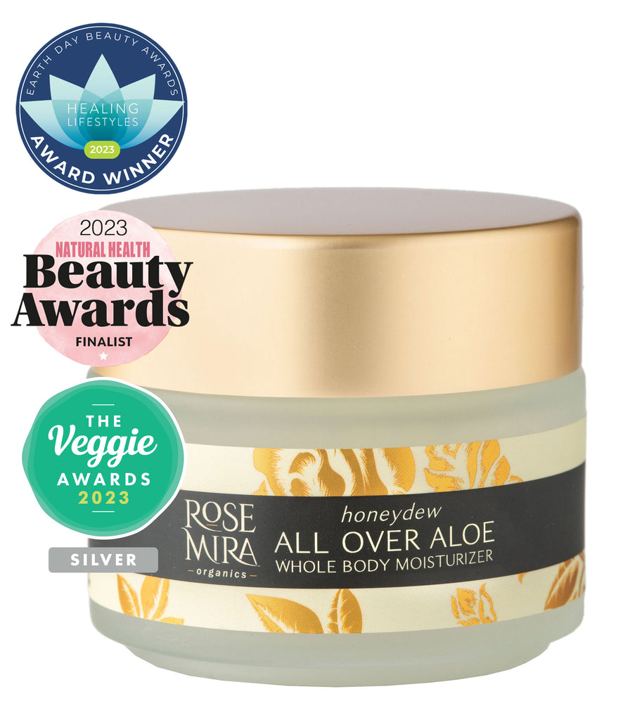 All Over Aloe Whole Body Moisturizer in Honeydew with Earth Day Beauty Awards winner, Veggie Awards Silver, and Natural Health Beauty Awards Finalist logos.