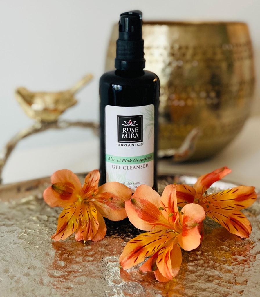 Organic Aloe and Pink Grapefruit Gel Cleanser with orange flowers