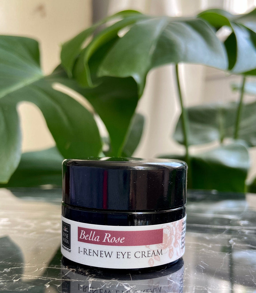 A jar of natural eye cream with a monstera plant.