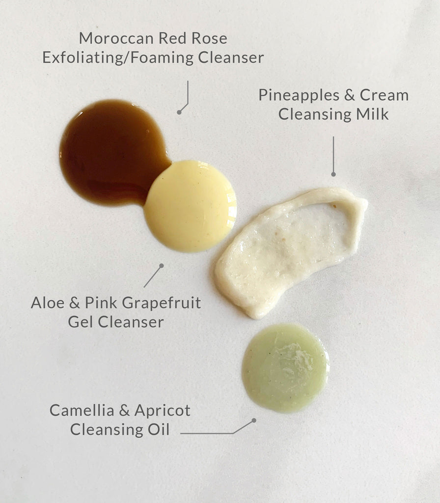 Colorful product swatches of four popular Rosemira cleansers