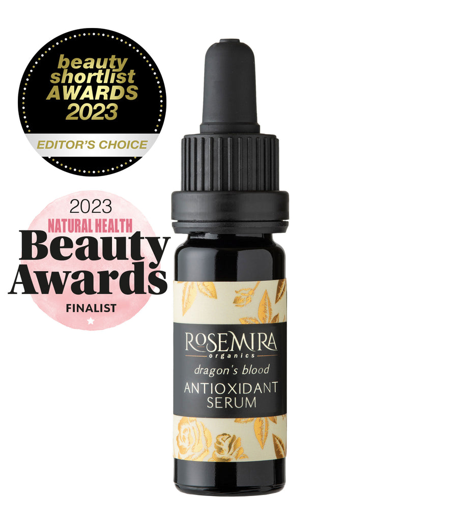 Dragon's Blood Antioxidant Serum in black bottle on white with Beauty Shortlist Awards 2023 Editor's Choice and Natural Health Beauty Awards badge