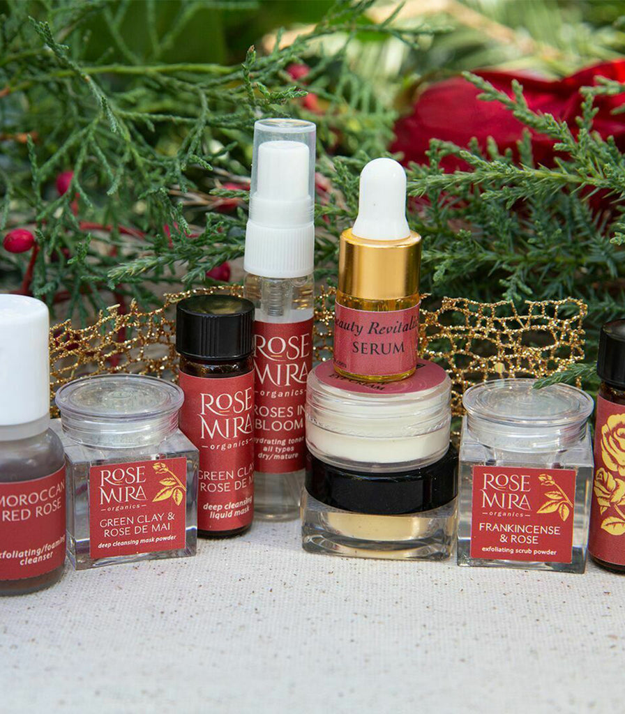 Rosemira Essentials Mini Sample Kit for dry/mature skin with holiday ribbon