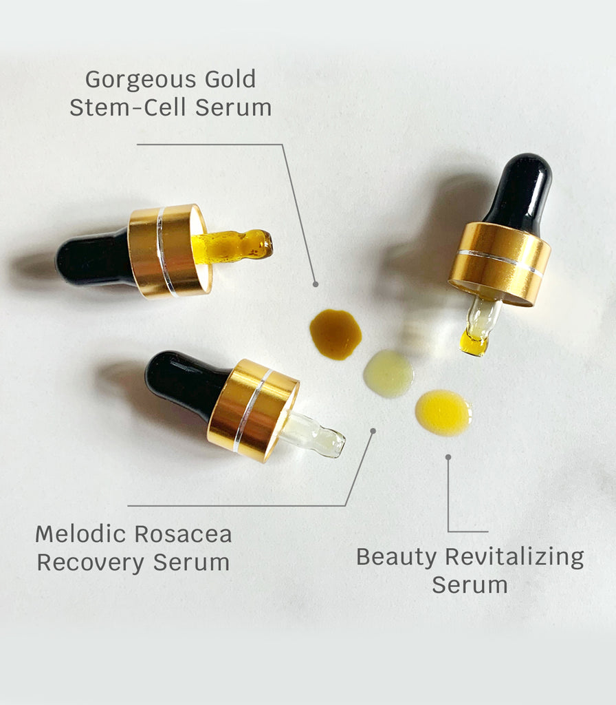 Three serum drops in different colors addressing different skin concerns.