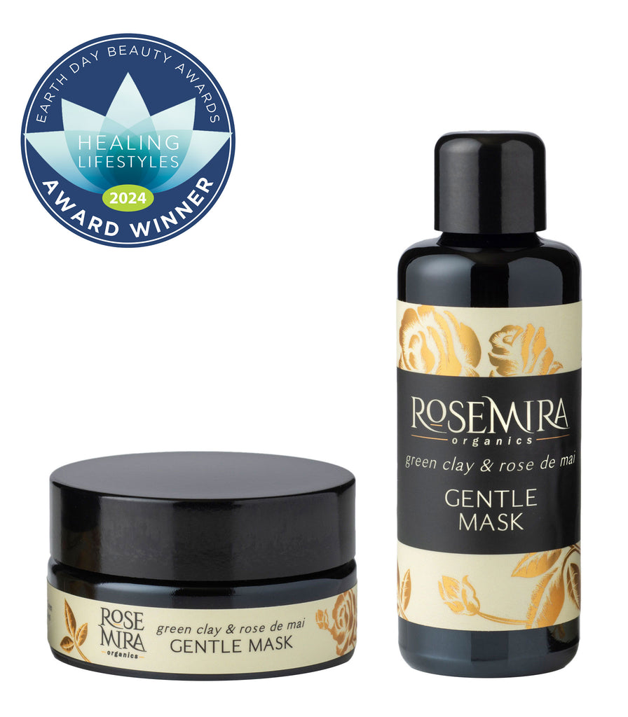 A tall and short black bottle combination of Green Clay and Rose de Mai Gentle Mask with Earth Day Beauty Awards Award Winner graphic