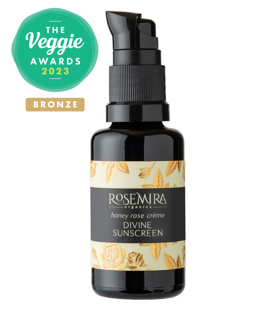 Honey Rose Creme Divine Sunscreen black bottle and Veggie Awards Winner logo