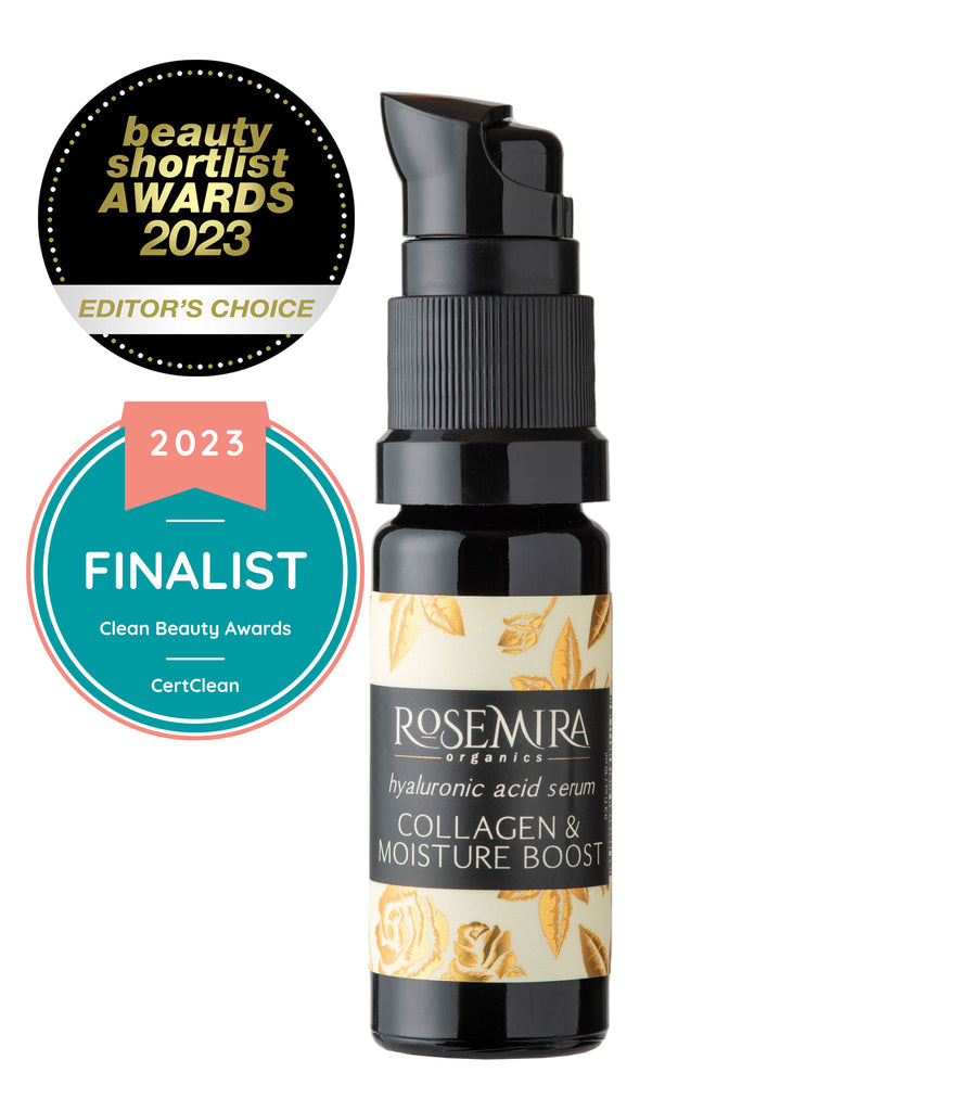 Hyaluronic Acid Serum Collagen and Moisture Boost Serum in black bottle on white with Beauty Shortlist Awards 2023 Editor's Choice badge and Clean Beauty Awards 