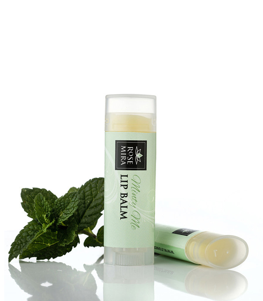 Mint organic lip balm with green label and fresh mint sprigs