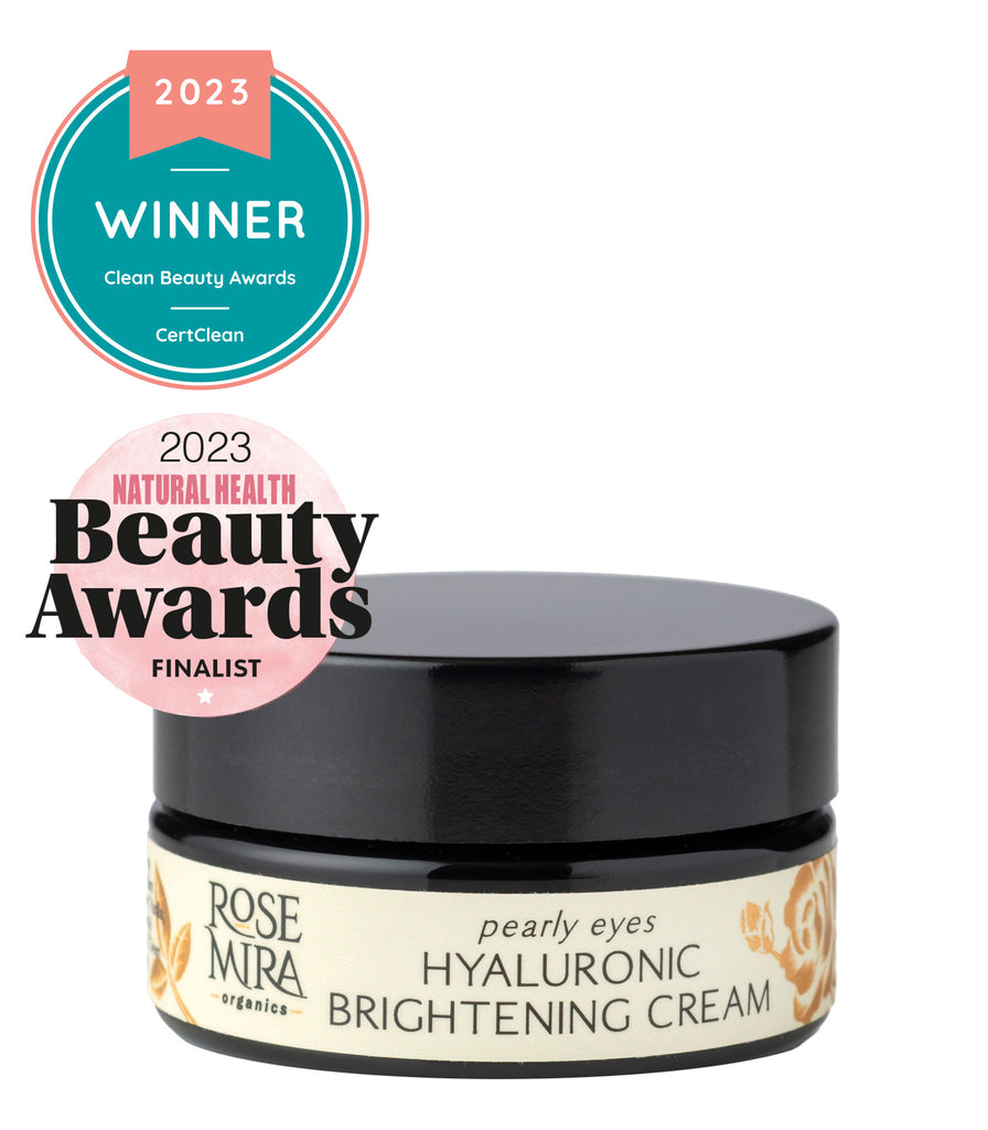 Black miron glass bottle of Pearly Eyes Hyaluronic Brightening Eye Cream with Clean Beauty Awards winner and Natural Health Beauty Awardslogo