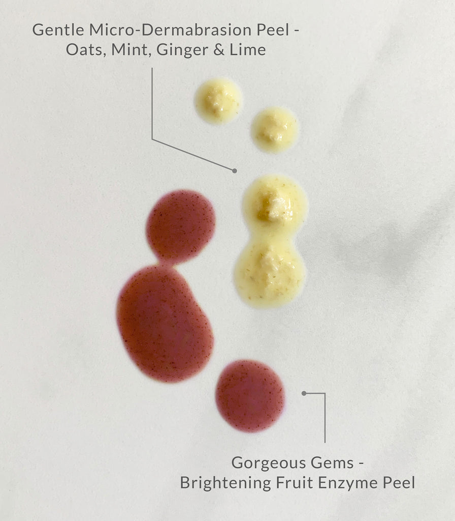 Product swatches of Gentle Microdermabrasion Peel and Gorgeous Gems Fruit Enzyme Peel