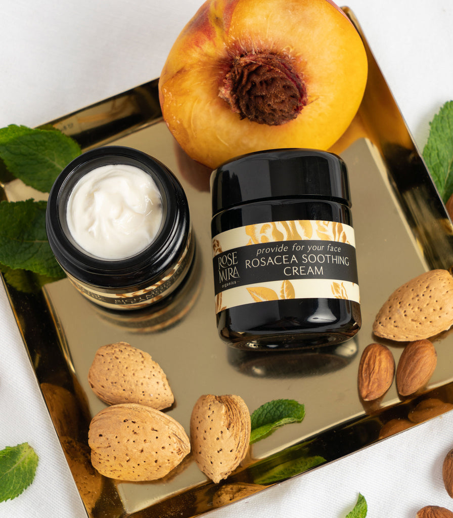 Provide for Your Face Rosacea Cream with fruit and nuts on a gold tray.