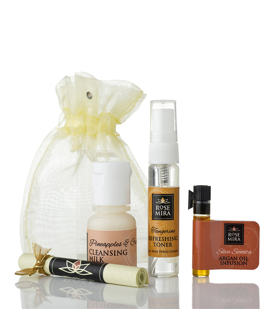 A Rosemira sample kit for sensitive/dry skin with three samples, a coupon, and an organza bag.