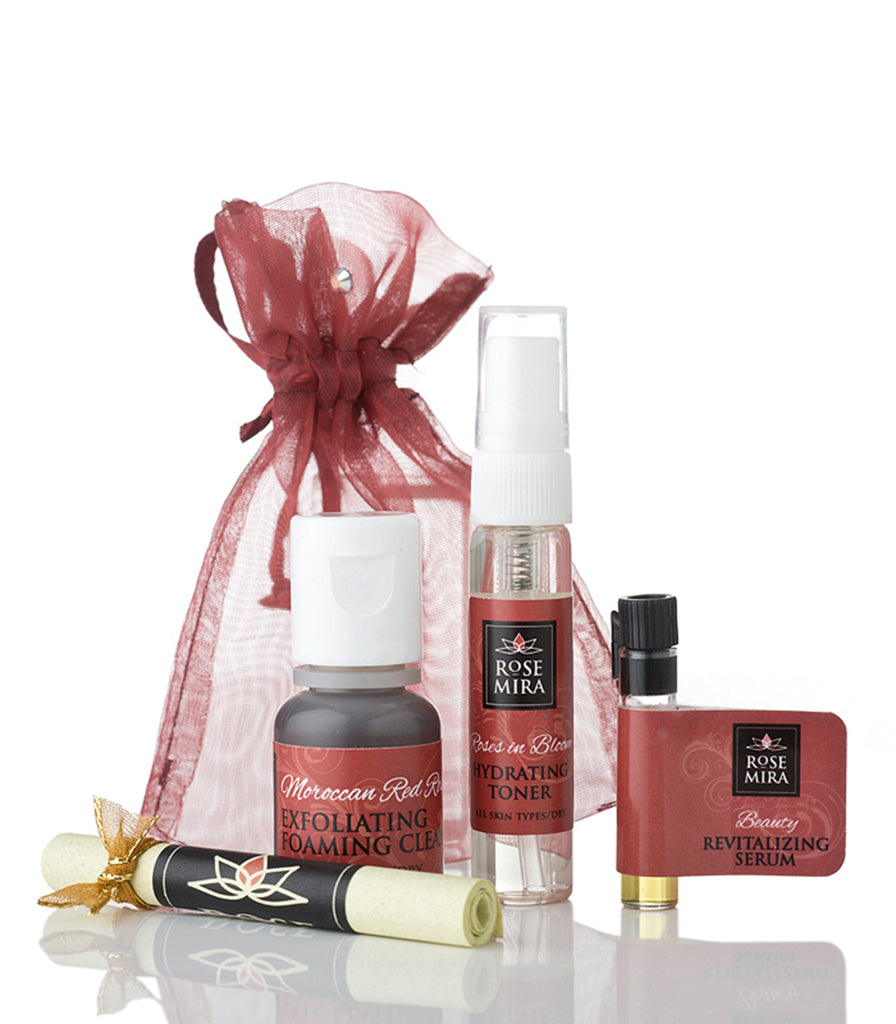 A Rosemira sample kit for dry/mature skin with three samples, a coupon, and an organza bag.