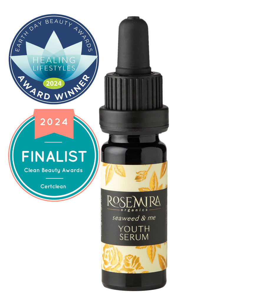 Seaweed and Me Serum in black bottle on white with Beauty Awards winner graphics