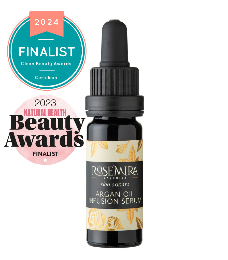 Organic Argain Oil Serum with Beauty Awards winner graphics.