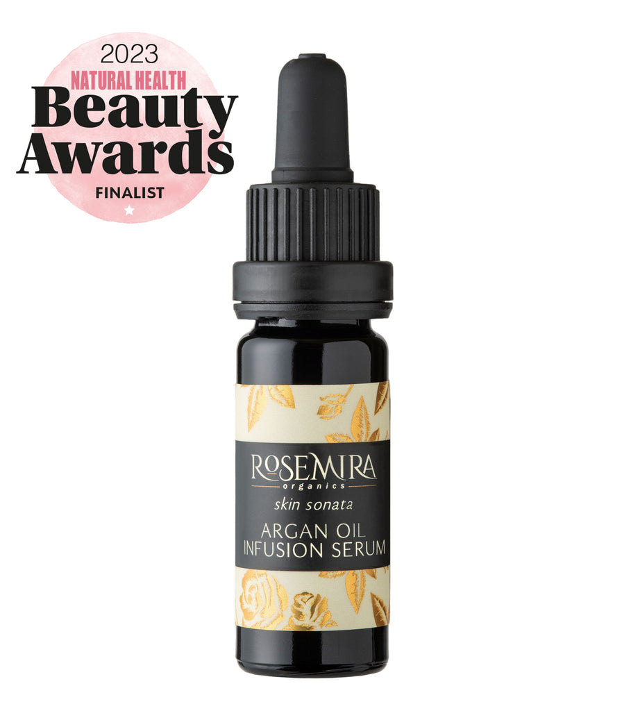 Organic Argain Oil Serum with Natural Health Beauty Awards Finalist logo.