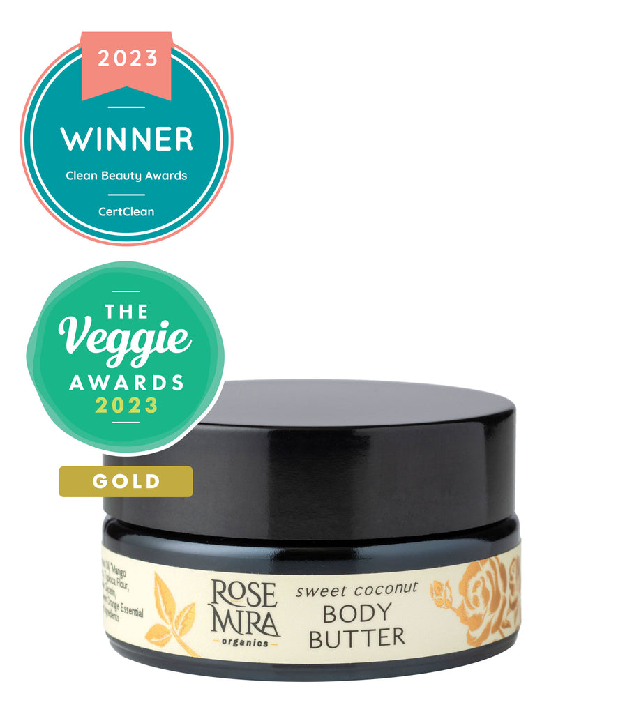 50ml violet glass container of body butter with Clean Beauty Awards and Veggie Awards winning badges