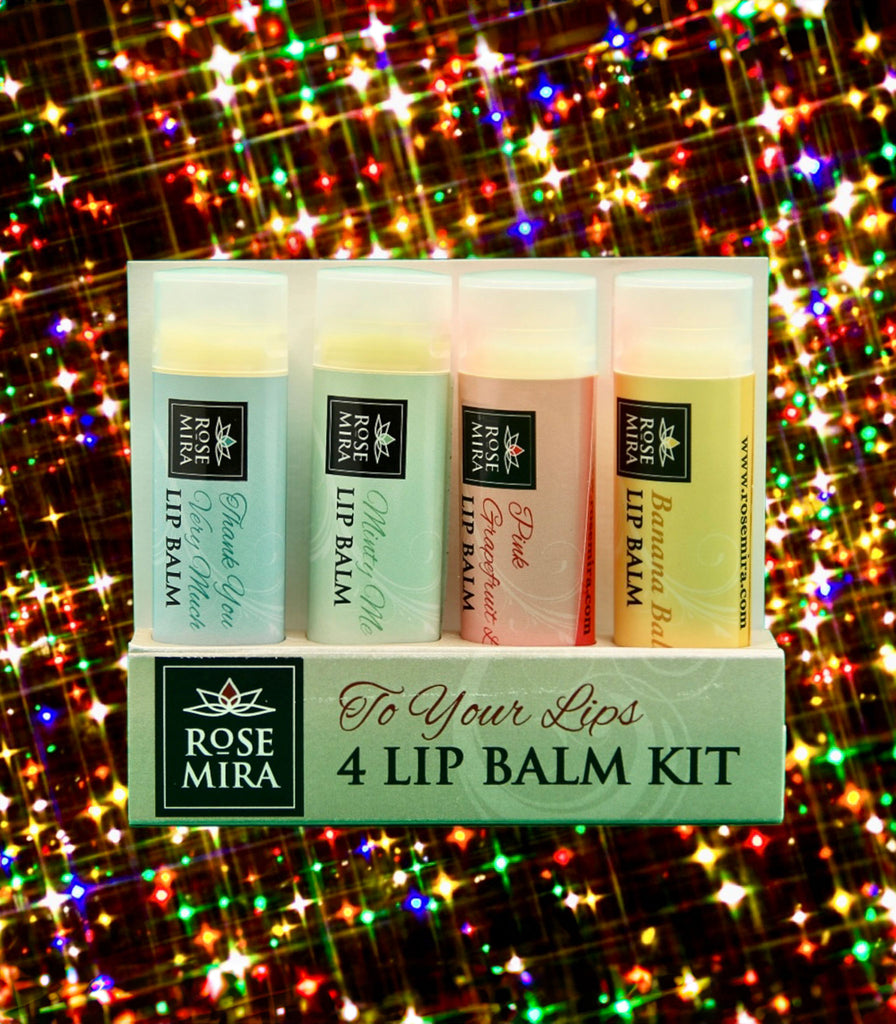 To Your Lips Lip Balm Kit with four best-selling Rosemira lip balms on a disco background