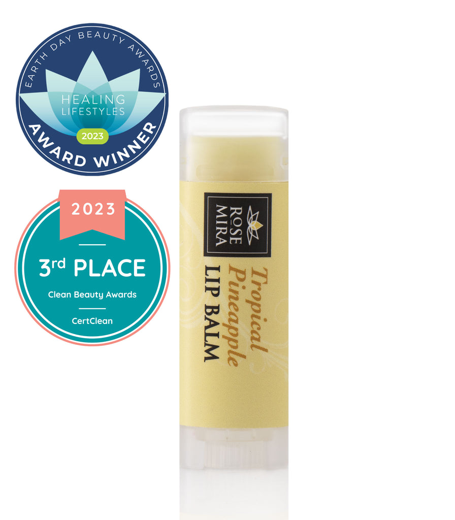 Organic tropical pineapple lip balm with earth day beauty awards winner and clean beauty awards logo