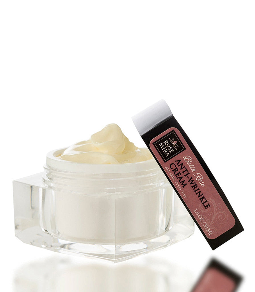 An open jar, with lid askew, of Bella Rose Anti-Wrinkle Cream