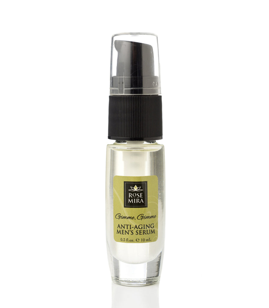 Clear bottle of anti-aging serum showing light blonde color of serum