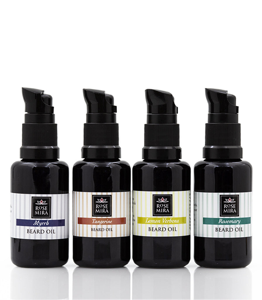 Rosemira for men collection of four organic beard oils.