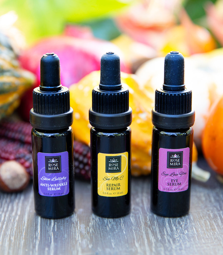 Three best-selling black serum bottles with autumn harvest.