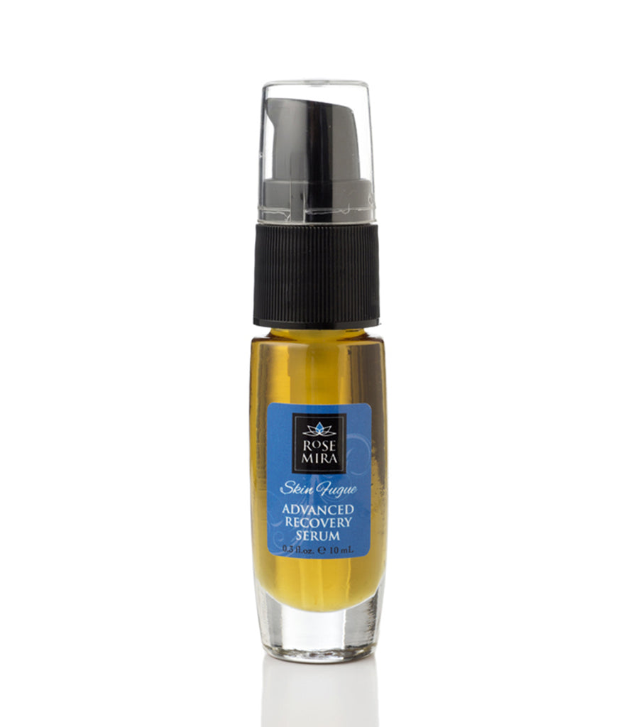 Skin Fugue Advanced Recovery Serum in clear bottle with golden serum liquid.