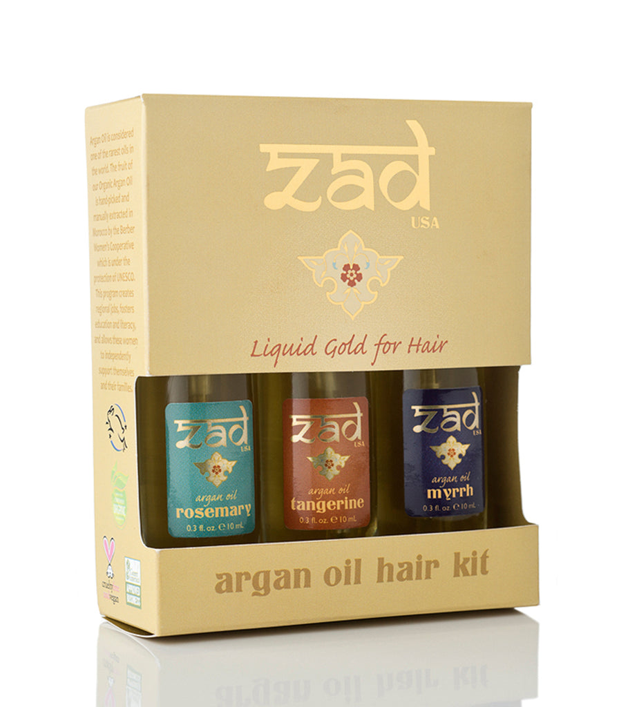 Zad Argain Oil Hair Kit with three bottles in a gold box