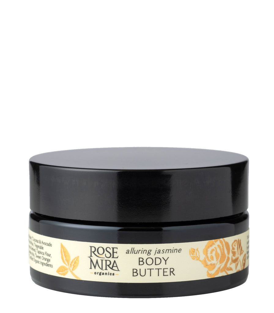 A larger container of Alluring Jasmine Body Butter in black miron glass
